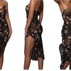 JLUXLABEL Strapless Floral Dress - Black and Pink